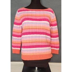 Lauren Ralph Lauren Striped Cable‎ Knit Sweater 100% Cotton Coral Orange Pink L
